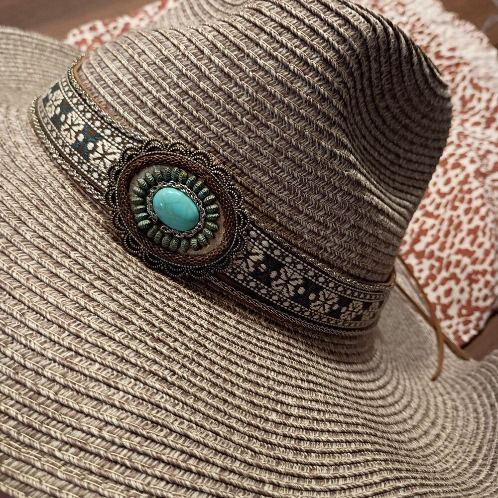 Gray/brown western boho hat turquoise - Picture 2 of 5